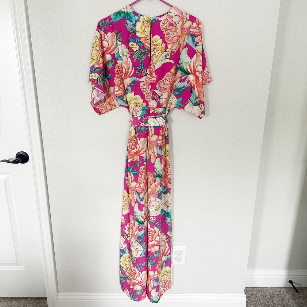 NWT Farm Rio Eulalie Floral Pink Jumpsuit Wide Leg Pockets V Neck Crop Sz S - Picture 7 of 10